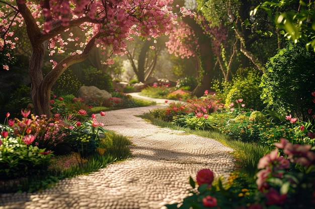 Un jardin paisible avec des sentiers sinueux et des fleurs