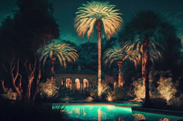 Jardin avec palmiers et piscine d'origine dans l'arrière-cour sur fond de ciel illuminé