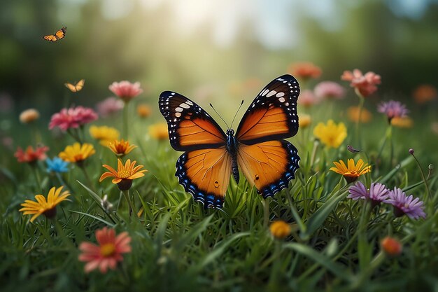 Un jardin de papillons capricieux Des fleurs colorées dans l'herbe