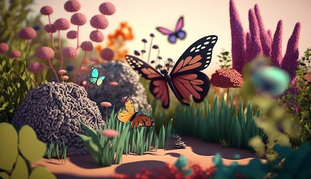 Jardin des papillons Une illustration fantaisiste de l'IA générative estivale