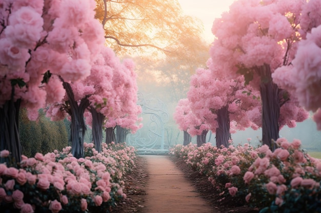 Un jardin pastel fantaisiste fleurit sous un ciel teinté de rose