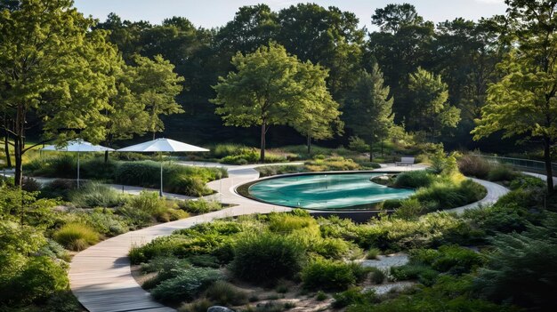 Un jardin avec une piscine entourée d'arbres