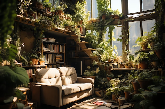 Jardin ou plante géante envahissant l'appartement à l'intérieur Style de conception de salon avec mur végétalisé