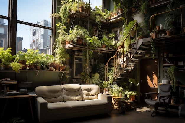 Jardin ou plante géante envahissant l'appartement à l'intérieur Style de conception de salon avec mur végétalisé