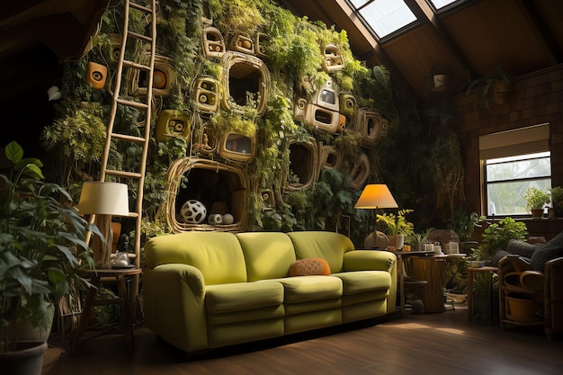 Jardin ou plante géante envahissant l'appartement à l'intérieur Style de conception de salon avec mur végétalisé