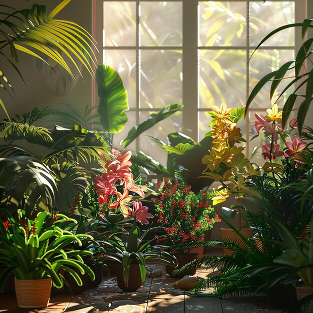 un jardin avec des plantes et des fleurs dans la fenêtre