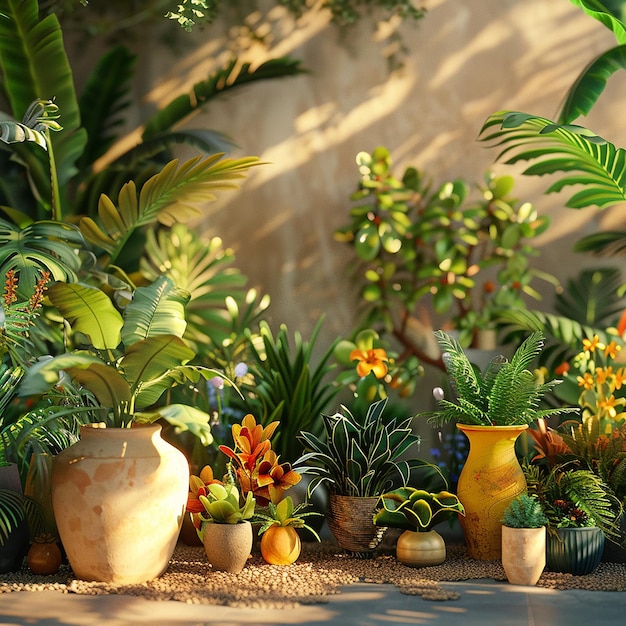 un jardin avec des plantes et des fleurs et des plantes sur une table