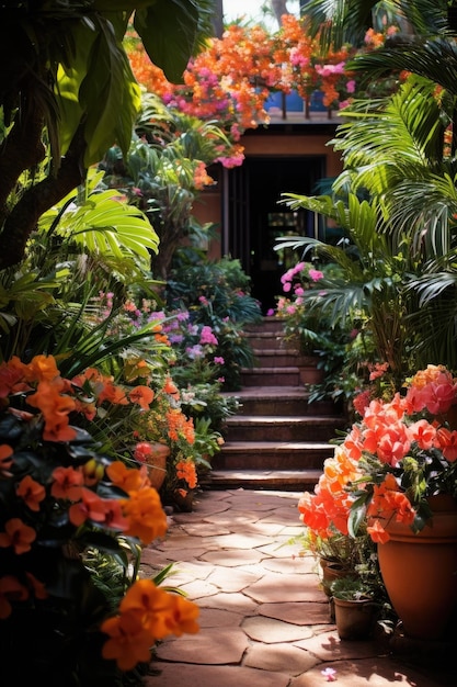 Un jardin avec des plantes et des fleurs