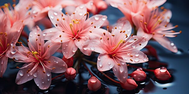 Jardin pluvieux Vue rapprochée des fleurs et des feuilles avec des gouttes de pluie