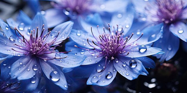 Jardin pluvieux Vue rapprochée des fleurs et des feuilles avec des gouttes de pluie