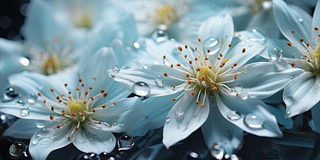 Jardin pluvieux Vue rapprochée des fleurs et des feuilles avec des gouttes de pluie