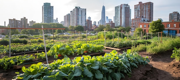 Un jardin potager communautaire dans un environnement urbain grande ville en arrière-plan