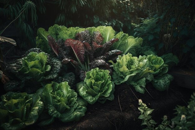 Jardin potager à la lumière du matin Laitue verte et rouge fraîche dans le jardin AI générative