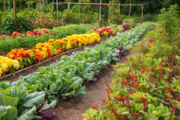 Jardin potager avec des rangées de légumes et des fleurs lumineuses en arrière-plan