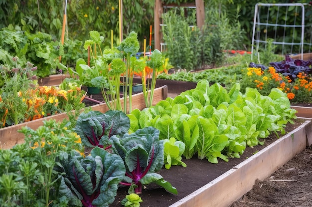 Jardin potager avec une variété de légumes-feuilles et de légumes colorés