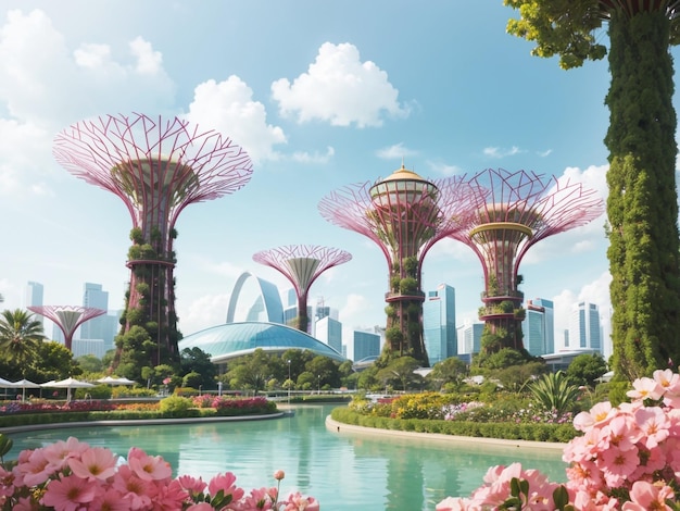 Jardin près de la baie à Singapour Rendering 3D dans un style époustouflant