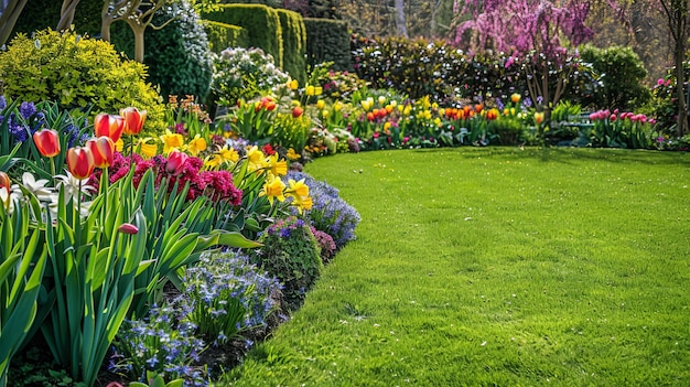 Un jardin de printemps vibrant avec des tulipes en fleurs et une verdure luxuriante