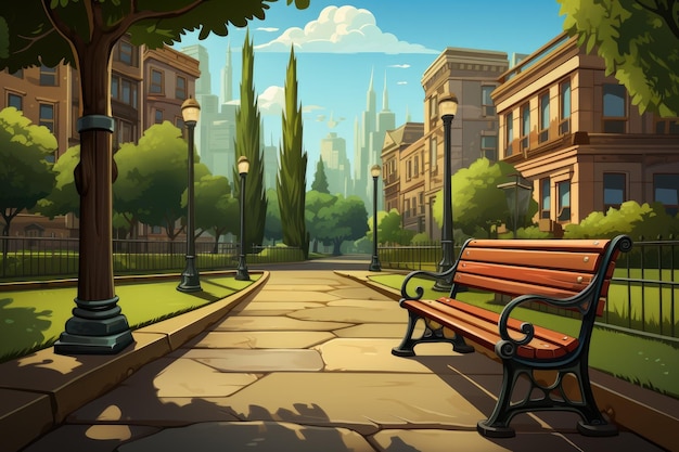 un jardin public désolé un parc de la ville représenté dans un style cartoon avec des sièges d'arbres et un éclairage en plusieurs saisons, y compris l'été l'hiver le printemps et l'automne