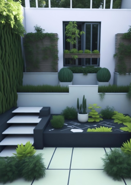 Un jardin avec quelques plantes et une jardinière avec les mots " succulentes " au fond.