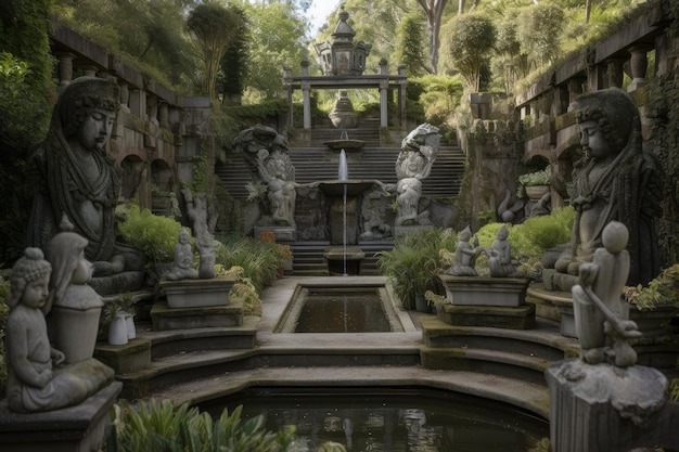 Jardin remarquable avec des sculptures complexes et des éléments aquatiques