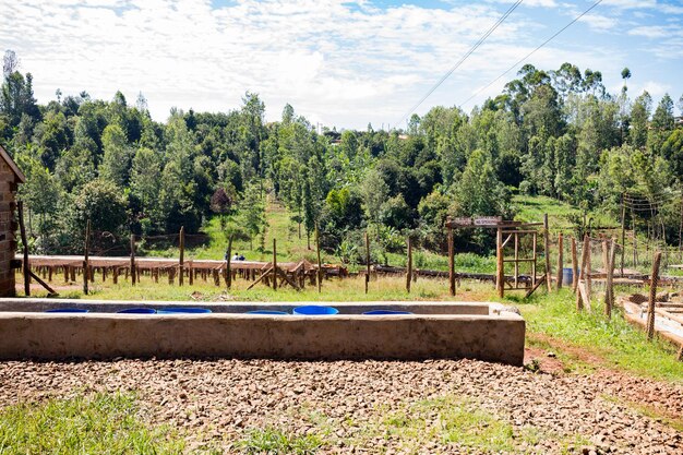 Photo un jardin avec un réservoir d'eau bleu et un panneau disant naturel