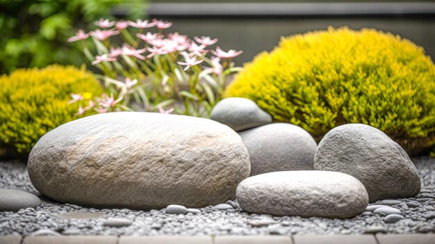 Un jardin avec une rocaille et une jardinière avec des fleurs en arrière-plan.