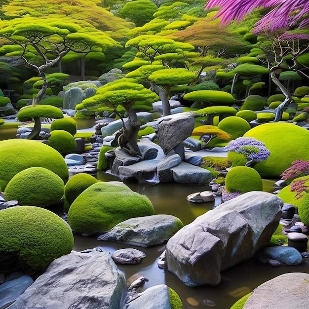 Un jardin avec des rochers et des arbres et un étang avec un arbre au milieu.