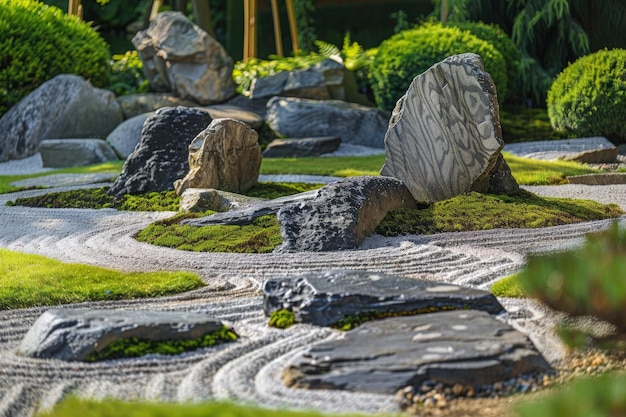 Un jardin de rochers avec de l'herbe verte et des rochers