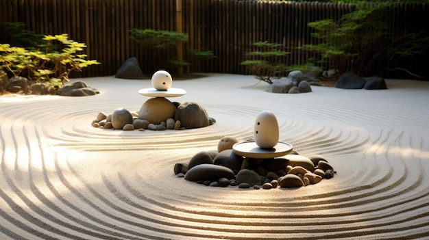 un jardin avec des rochers et un oiseau au milieu