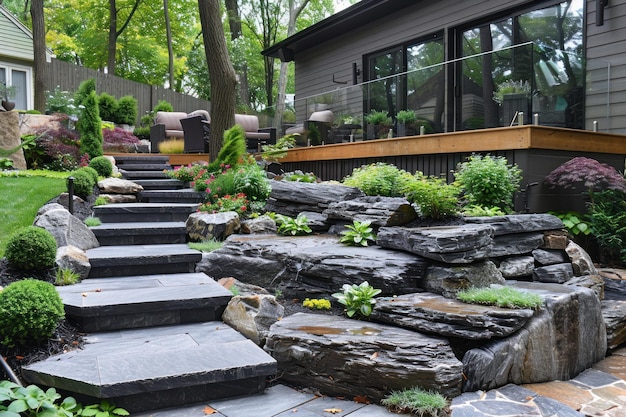 Jardin rocheux surélevé menant à la maison