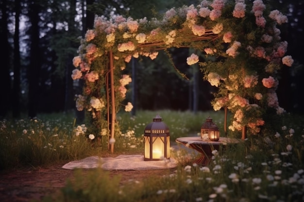 Un jardin romantique avec une lanterne et des fleurs