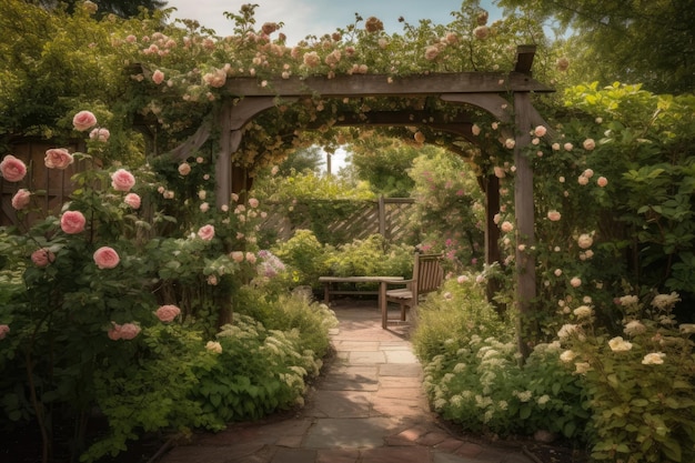 Jardin romantique avec des rosiers et une tonnelle rustique