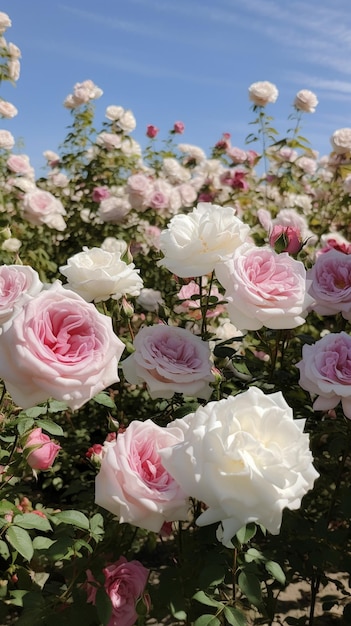 Un jardin de roses aux fleurs roses et blanches