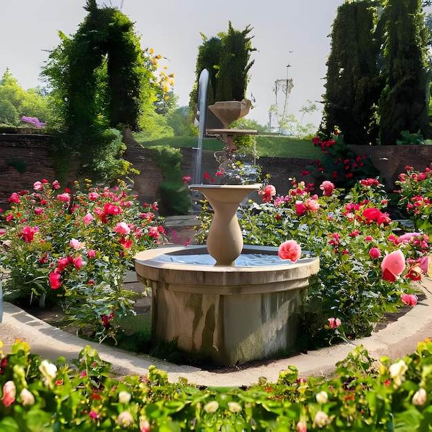 Photo un jardin de roses et une fontaine 4