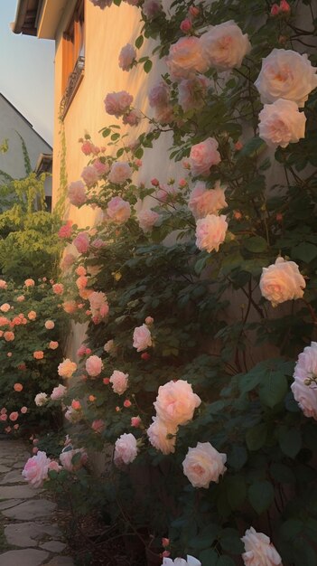 Un jardin avec des roses sur le mur