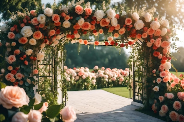 Un jardin avec des roses et une pergola.