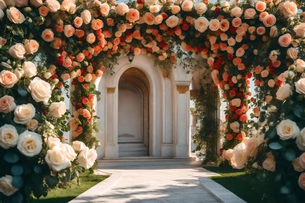 Un jardin avec des roses et une porte