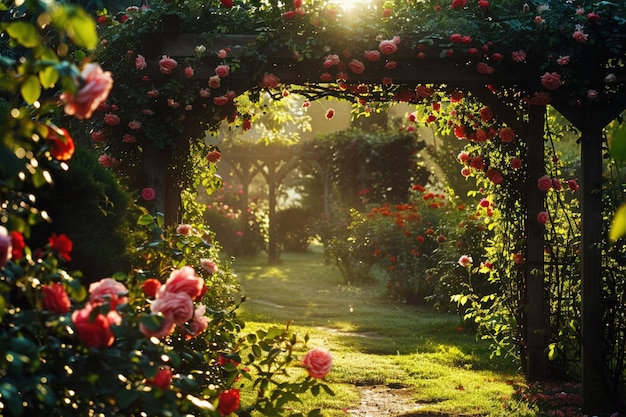 Un jardin de roses rêveur baigné par le soleil