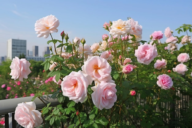 Jardin de roses roses sur fond de ville