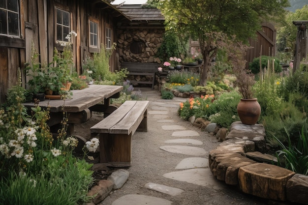 Un jardin rustique avec un banc en bois de chemin de pierre et des fleurs épanouies