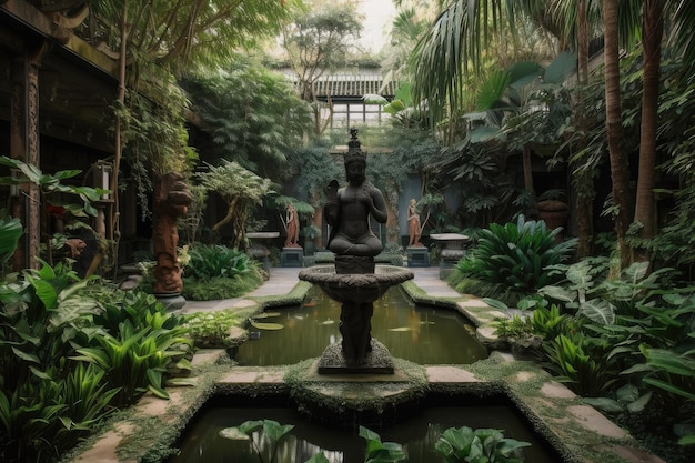 Jardin avec sculptures et fontaines entouré d'une végétation luxuriante