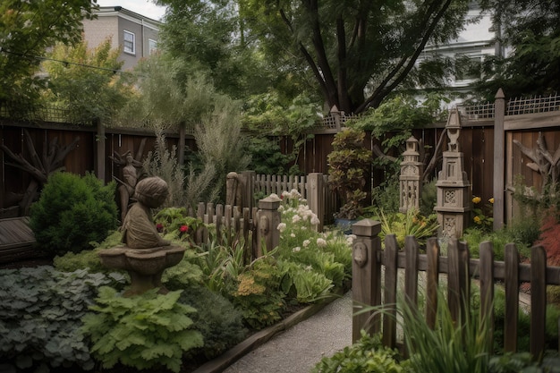 Un jardin avec sculptures et verdure entouré d'une clôture en bois