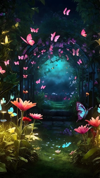 Jardin secret enchanté avec des fleurs et des papillons brillants pour le papier peint de bureau