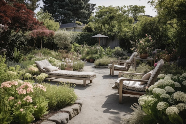 Un jardin serein avec des chaises longues confortables et un banc créé avec une IA générative