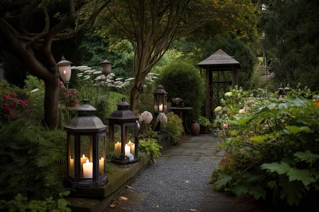 Jardin serein avec des lanternes et des bougies projetant une lueur chaleureuse sur le terrain