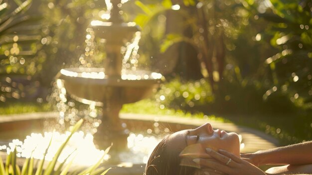 Photo un jardin serein avec une petite fontaine en arrière-plan où un client reçoit un massage de la tête