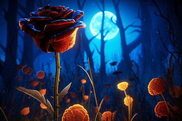 Photo un jardin sombre avec une seule rose brillant au clair de lune