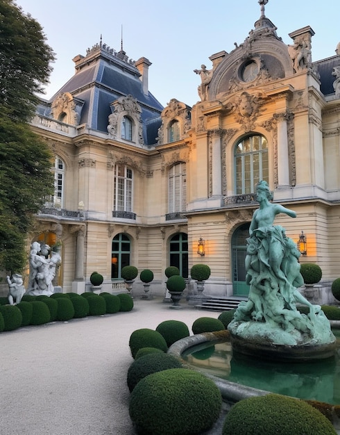 un jardin avec une statue et une fontaine devant