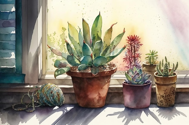 Photo jardin succulent à l'aquarelle sur le rebord de la fenêtre inondé de soleil