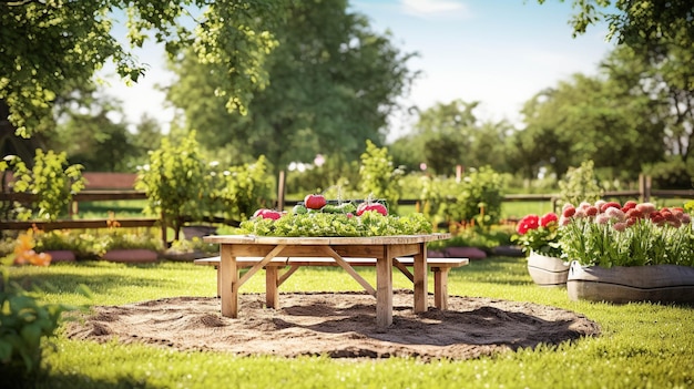 un jardin avec une table et un bol de fruits dessus